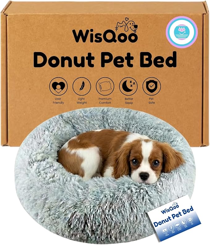 WisQoo Calming Donut Pet Bed – Plush & Supportive Round Bed with Extra Filling for Comfort – Removable Cover & Water-Resistant Liner – Cozy, Fluffy Nest for Dogs & Cats (Grey, 36" L x 36" W x 10”Th)
