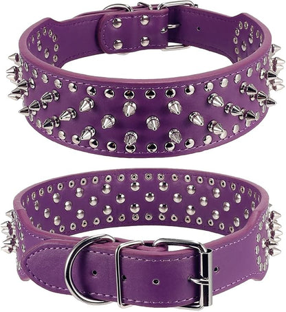 Hoot PU Leather Adjustable Spiked Studded Dog Collar 2" Wide 31 Spikes 52 Studs (S(Neck 17"-20"), Purple)