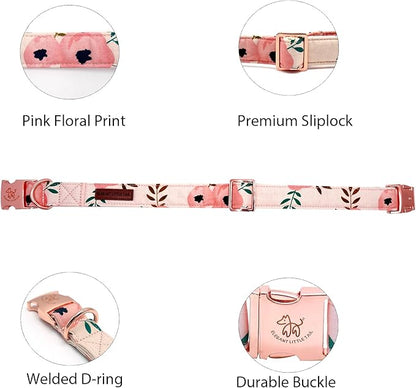 Elegant little tail Dog Collar, Pink Floral Girl Pet Collar Durable Cute Dog Collars Summer Female Pet Gift Adjustable Dog Collar for Large Dogs