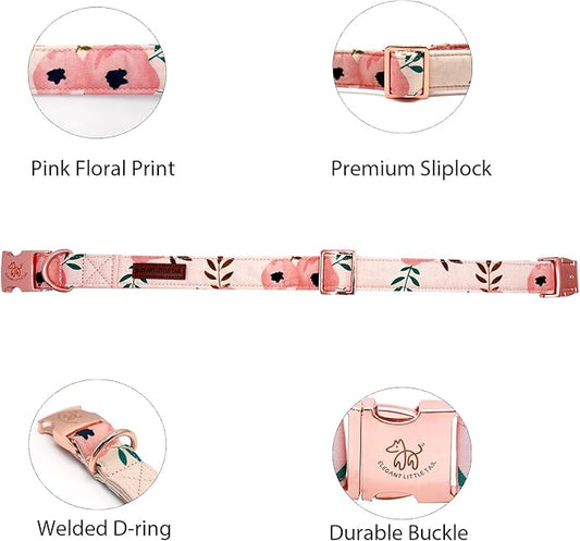 Elegant little tail Dog Collar, Pink Floral Girl Pet Collar Durable Cute Dog Collars Summer Female Pet Gift Adjustable Dog Collar for Large Dogs