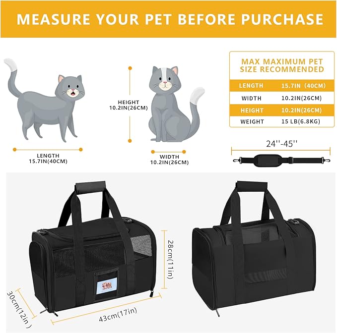 SECLATO Cat Carrier, Dog Carrier, Pet Carriers Airline Approved for Kitten Small Dogs Carriers for Small Medium Under 15lbs, Collapsible Soft Sided Cat Carrier, Black