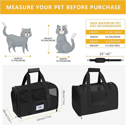 SECLATO Cat Carrier, Dog Carrier, Pet Carriers Airline Approved for Kitten Small Dogs Carriers for Small Medium Under 15lbs, Collapsible Soft Sided Cat Carrier, Black