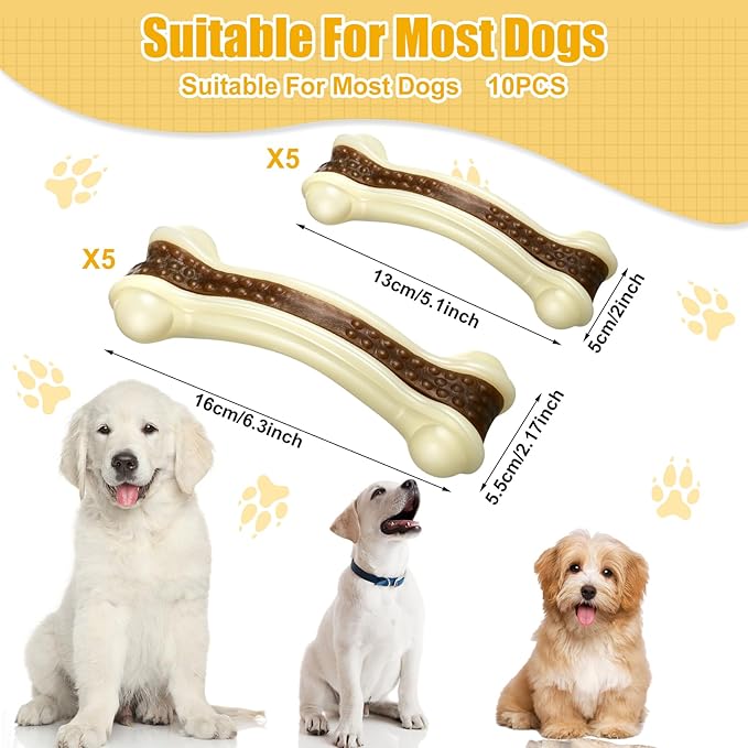 Sosation 10 Pcs Dog Chew Toys for Aggressive Chewers Nylon Beef Flavor Dog Bones Tough Puppy Teething Toys Puppy Chew Bones for Large/Medium/Small Breed Dogs Puppies (5.1 x 2 Inch, 6.3 x 2.17 Inch)