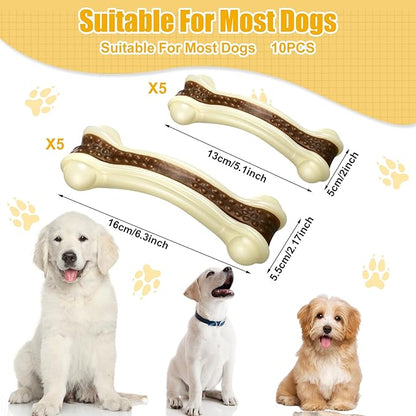 Sosation 10 Pcs Dog Chew Toys for Aggressive Chewers Nylon Beef Flavor Dog Bones Tough Puppy Teething Toys Puppy Chew Bones for Large/Medium/Small Breed Dogs Puppies (5.1 x 2 Inch, 6.3 x 2.17 Inch)