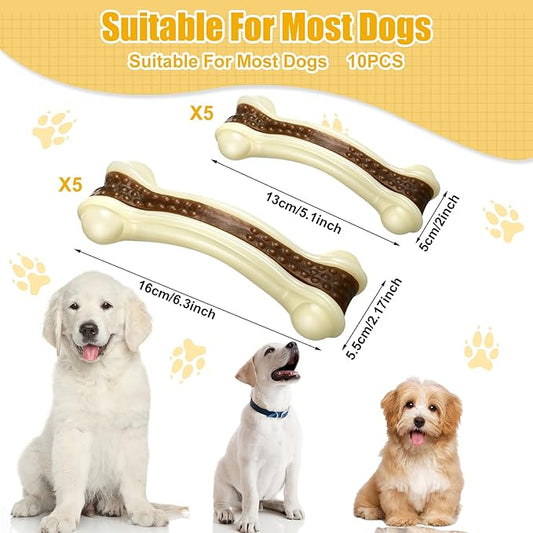 Sosation 10 Pcs Dog Chew Toys for Aggressive Chewers Nylon Beef Flavor Dog Bones Tough Puppy Teething Toys Puppy Chew Bones for Large/Medium/Small Breed Dogs Puppies (5.1 x 2 Inch, 6.3 x 2.17 Inch)