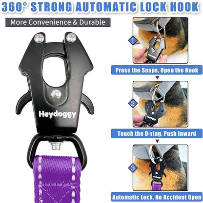 Strong Heavy Duty Dog Leash - 6ft Reflective Nylon Training Leash with Soft Padded Double Handle & Auto Lock Frog Clip, Safety Traffic Control for Large Medium Small Dogs No Pull Walking Purple,6ft