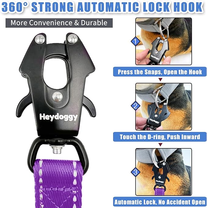 Strong Heavy Duty Dog Leash - 5ft Reflective Nylon Training Leash with Soft Padded Double Handle & Auto Lock Frog Clip, Safety Traffic Control for Large Medium Small Dogs No Pull Walking Purple,5ft