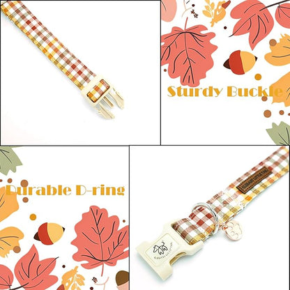 Elegant little tail Fall Dog Collar, Plaid Puppy Collars Fall Yellow Male Cute Puppy Adjustable Cotton Pet Collar with Quick Release Buckle for Small Medium Large Dogs