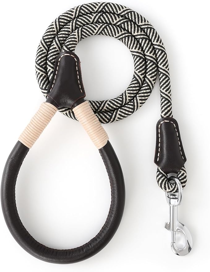 Mile High Life Genuine Leather Wrapped Handle Dog Leash, w Heavy Duty Clasp Rope Leash for Small Medium Large Dogs (Black Beige, 5FT)
