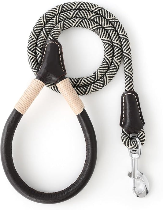 Mile High Life Genuine Leather Wrapped Handle Dog Leash, w Heavy Duty Clasp Rope Leash for Small Medium Large Dogs (Black Beige, 4FT)