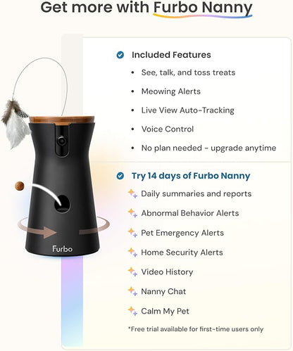 Furbo 360° Cat Camera: Pet Security Cam w/Meowing Alerts, Rotating View, Treat Toss w/Phone App, Smart Home Kitty Monitoring, 2-Way Speaker, No Subscription Needed. Standard See, Talk, & Toss Features