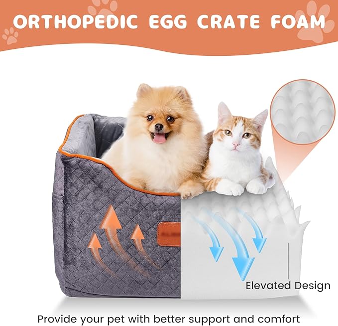 AlfaTok Memory Foam Booster Dog Car Seat with Washable Removable Cover, Elevated Pet Car Seat, Anti-Slip Sturdy Booster Seats for Small Dogs 35lbs, Seat Belt, Storage Pocket, Dog Blankets