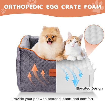 AlfaTok Memory Foam Booster Dog Car Seat with Washable Removable Cover, Elevated Pet Car Seat, Anti-Slip Sturdy Booster Seats for Small Dogs 35lbs, Seat Belt, Storage Pocket, Dog Blankets