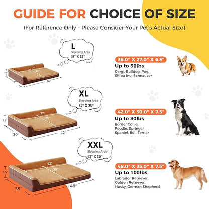 Dog Bed Large Sized Dogs, Orthopedic Dog Bed for Large Dogs, Waterproof Pet Bed with Washable Removable Cover, L-Shaped Pet Couch with Portable Handle 36"x27"x6.5", Brown
