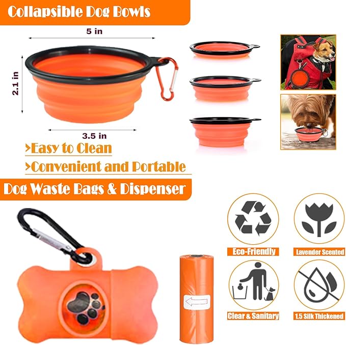 LOBEVE No Pull Dog Harness, Collar & Leash Set | Includes Dog Seat Belt, Collapsible Bowls & Poop Bag Dispenser. Ideal for Training, Walking, Hiking. Fits Small to Large Dogs(Orange-XL)