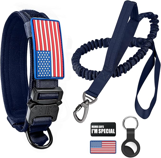 Tactical Dog Collar and Bungee Leash,Military Dog Collar & Leash Set with USA American Flag Adjustable K9 Collar with Heavy Duty Metal Buckle & Handle,with Patches and Airtags Case (Blue, M)
