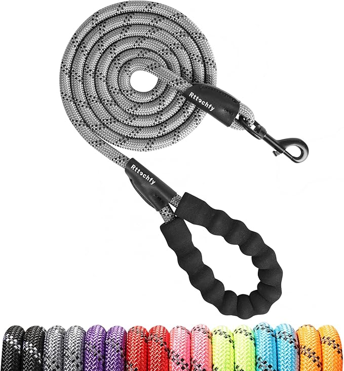 Rttochfy Rope Dog Leash 2/4/5/6/8/10 FT with Comfortable Padded Handle and Highly Reflective Threads for Small Medium and Large Dogs Heavy Duty (1/2"-8 FT, Grey)