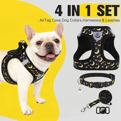 EXPAWLORER Small Dog Harness and Leash Set - Cute Puppy Harness Leash Dog Collar with AirTag Holder Silicone Case, Soft Padded Step in Pet Vest Reflective for Outdoor Walking, Star-Moon S