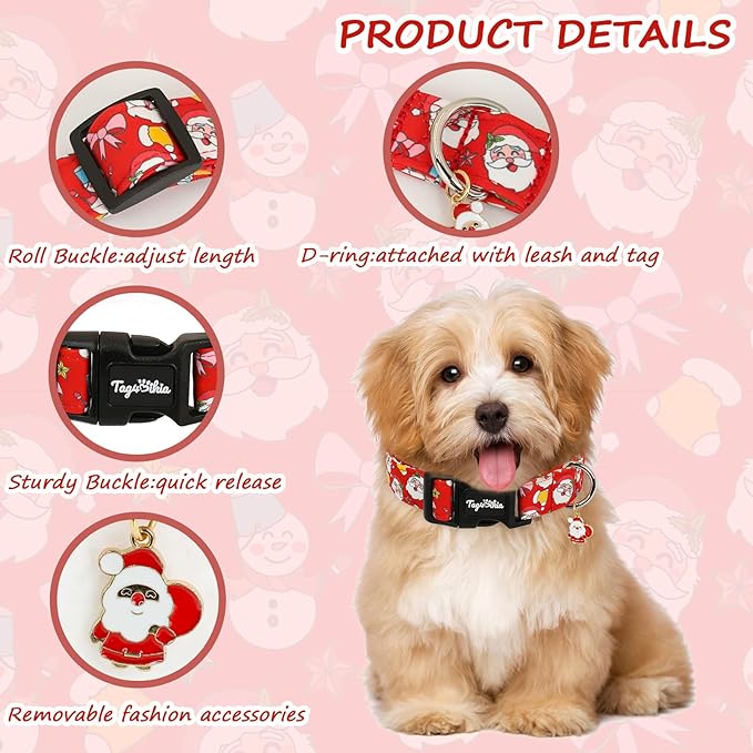 Christmas Dog Collar for Small Dogs, Adjustable Red Small Dog Collars with Gingerbread Man Pattern, Cute Dog Christmas Collar for Dogs, Winter Holiday Dog Collar for Girl Boy Dog-S