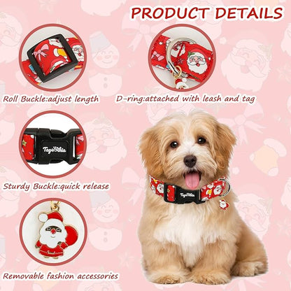 Christmas Dog Collar for Medium Dogs, Adjustable Red Small Dog Collars with Jolly Santa Pattern, Cute Dog Christmas Collar for Dogs, Winter Holiday Dog Collar for Girl Boy Dog-M