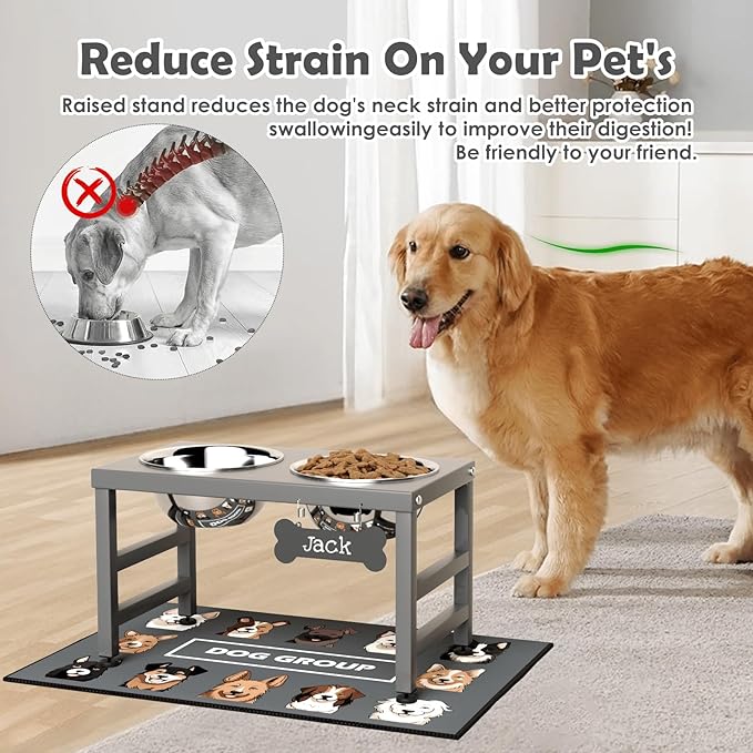 ADENGL Elevated Dog Bowls, 10" Tall Height, Raised Bowl Stand with 2 Stainless Steel Food Feeder Bowls (58oz) and Spill-Proof Mat for Medium Large and Small Breeds, Grey