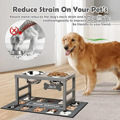 ADENGL Elevated Dog Bowls, 10" Tall Height, Raised Bowl Stand with 2 Stainless Steel Food Feeder Bowls (58oz) and Spill-Proof Mat for Medium Large and Small Breeds, Grey