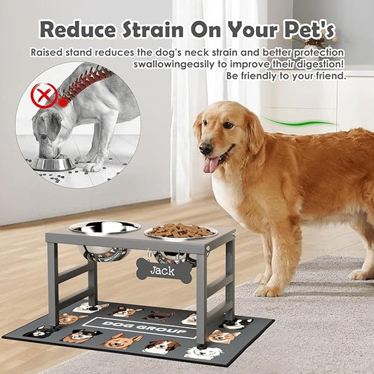 ADENGL Elevated Dog Bowls, 10" Tall Height, Raised Bowl Stand with 2 Stainless Steel Food Feeder Bowls (58oz) and Spill-Proof Mat for Medium Large and Small Breeds, Grey
