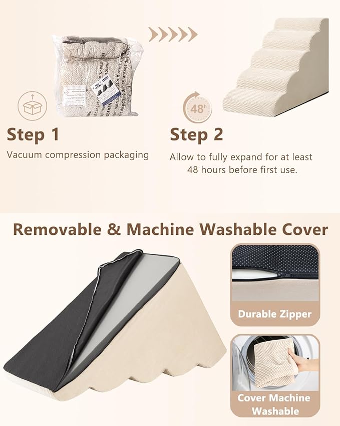 Aodisman Dog Stairs for High Bed,5 Step Dog Ramp for Small and Medium Dogs,Pet Stairs with Non-Slip Bottom for Puppy, Older Cat,Indoor Pet Steps,Comfort,Durable,22.4" H,Beige