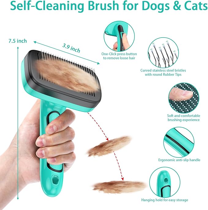 WOPQAEM 5 PCS Self Cleaning Slicker Brush & Pet Grooming Rake & Bath Brush & Nail Clippers & Pet Comb for Dogs and Cats,Professional Deshedding Dematting Tool for Long and Short Haired Pets
