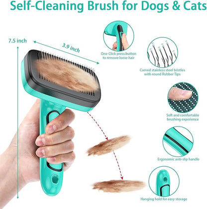 WOPQAEM 6 PCS Self Cleaning Slicker Brush & Undercoat Rake & Bath Brush & Flea Comb & Pet Comb & Steam Brush for Dogs and Cats,Professional Deshedding Dematting Tool for Long and Short Haired Pets