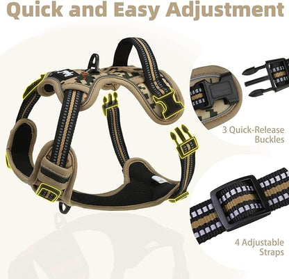PUPTECK No Pull Tactical Dog Harness for Large, Adjustable Reflective Dog Harness with Handle Easy Control, Comfortable Soft Padded Pet Vest Harness for Large Dogs, Camouflage L