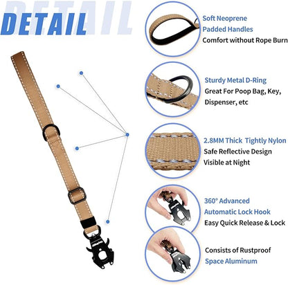 Strong Heavy Duty Dog Leash - Adjustable 15"-18" Reflective Nylon Training Leash with Padded Handle & Frog Clip, Traffic Control for Large Medium Dogs No Pull Walking Khaki