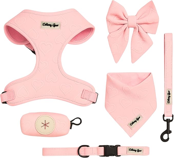 Large Dog Harness Set – Cute No Pull, All Weather, Breathable Harness and Leash Set with Collar, Bandana, Sailor Bow & Poop Bag Holder – Adjustable, Soft & Stylish – Pink Hearts on Jacquard Fabric