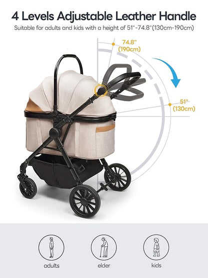 Pet Stroller with 4 Wheels, 4 in 1 Folding Puppy Strollers for Small/Medium Dogs up to 66lbs, Lightweight Pet Travel Carrier with Detachable Carrier/Storage Basket, One Click Folding, Beige
