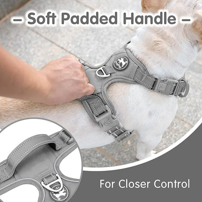 PoyPet No Pull Dog Harness and 5 Feet Leash Set, Release on Neck Reflective Adjustable Pet Vest, Front & Back 2 D-Ring and Soft Padded Pet Harness with Handle for Small to Large Dogs(Grey,L)