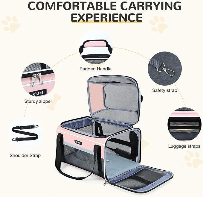 Lekereise Top-Expandable Pet Carrier 18x13x9.5 Inch Southwest Frontier Airline Approved Soft Sided Underseat to 15lbs Travel Carriers for Small Cats Dogs with Locking Safety Zippers Anti-Scratch Mesh