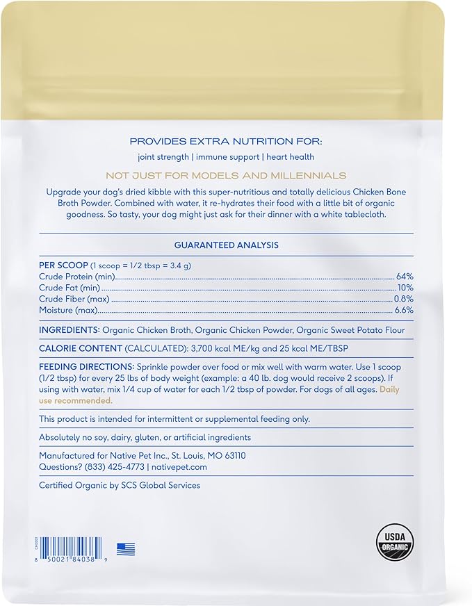 Native Pet Bone Broth for Dogs and Cats - Chicken Bone Broth Powder Dog Food Toppers for Picky Eaters - Provides Extra Nutrition for Joint Strength, Immune Support & Heart Health - 192 Scoops