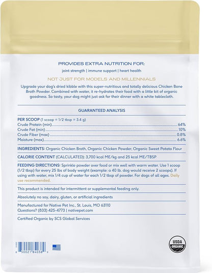 Native Pet Bone Broth for Dogs and Cats - Chicken Bone Broth Powder Dog Food Toppers for Picky Eaters - Provides Extra Nutrition for Joint Strength, Immune Support & Heart Health - 192 Scoops