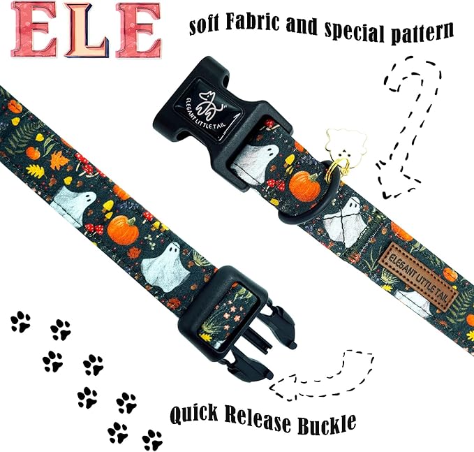 Elegant little tail Halloween Dog Collar, Pumpkin with Ghost Print Black Halloween Pet Collars Cotton Soft Sturdy Puppy Collars Holiday Female Adjustable Collar for Medium Dogs