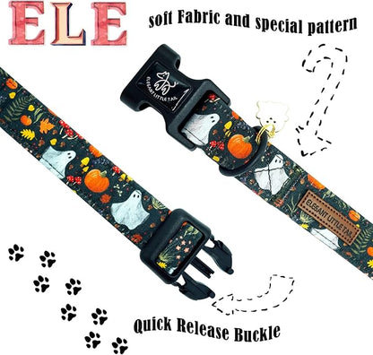Elegant little tail Halloween Dog Collar, Pumpkin with Ghost Print Black Halloween Pet Collars Cotton Soft Sturdy Puppy Collars Holiday Female Adjustable Collar for Medium Dogs