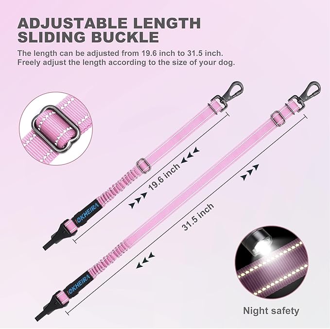IOKHEIRA Dog Seat Belt 3-in-1 Car Harness for Pets Adjustable Safety Seatbelt Nylon Reflective Bungee Fabric Dog Car Harness with Clip Hook Latch & Buckle, Swivel Zinc Alloy Carabiner (Pink)