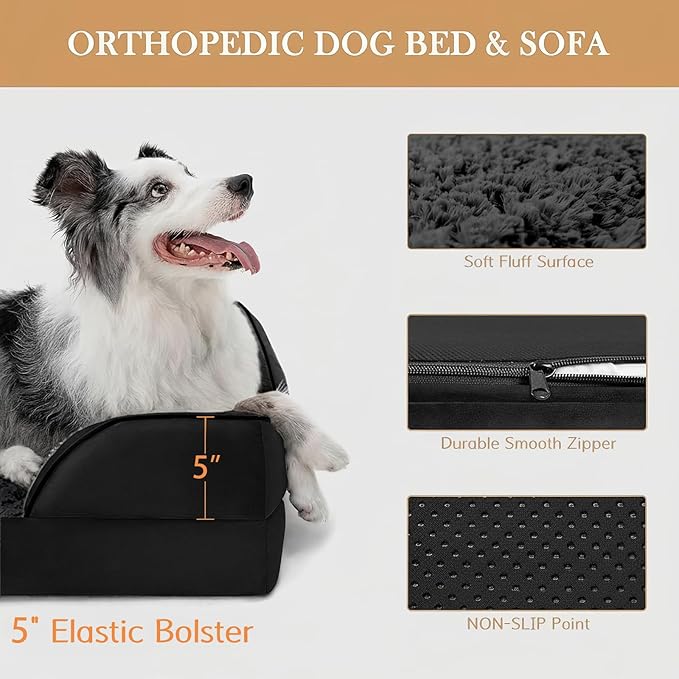 Comfort Expression Orthopedic Dog Bed for Extra Large Dogs 53x42 Inch, Waterproof Supportive Egg Crate Foam XXL Pet Bed with Removable Bolsters, Dog Couch with Washable Cover & Non-Slip Bottom, Black