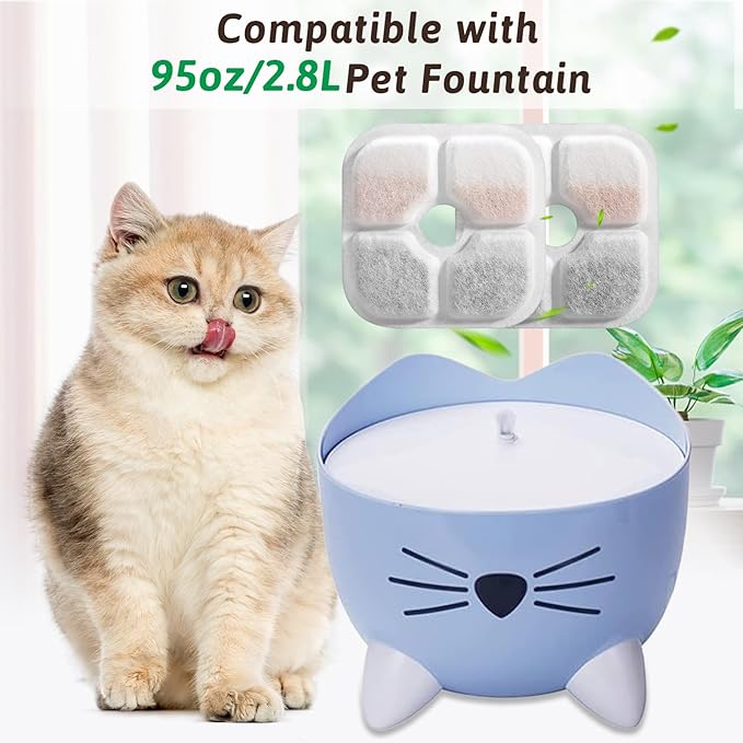 Cat Water Fountain Replacement Filters Fit for 2.5L Fountain with Whiskers Pattern Triple Action Water Pet Cat Drinking Fountain Filter Pack of 8