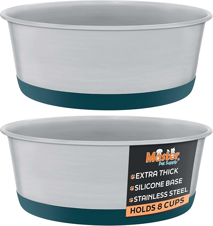 Master Pet Supply Stainless Steel Dog Bowls Set of 2 with Extra Thick Silicone Base - 8 Cup (64 oz) Emerald Sea, Non-Slip, Dishwasher Safe Metal Bowls, Pet Dog Food Bowl for Dogs, Cats, Anti Rust