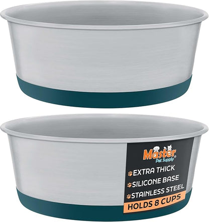 Master Pet Supply Stainless Steel Dog Bowls Set of 2 with Extra Thick Silicone Base - 8 Cup (64 oz) Emerald Sea, Non-Slip, Dishwasher Safe Metal Bowls, Pet Dog Food Bowl for Dogs, Cats, Anti Rust