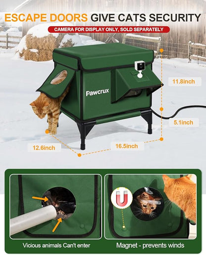 Outdoor Heated Cat House in Winter,Extremely Insulated & Weatherproof,Elevated Feral Cat Shelter with Waterproof Eaves & Escape Door for Outside Stray Barn Cat (Army Green,S)