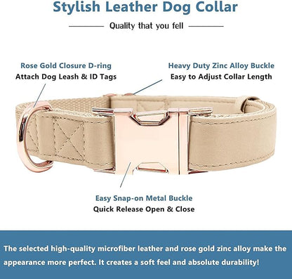 Soft Leather Dog Collar and Leash (6.6') Set - Stylish Rose Gold Heavy Duty Metal Buckle, 4 Adjustable Lengths Leash for Small Medium Large Dogs - Comfortable & Easy to Clean Beige L(15.4"-24.8")