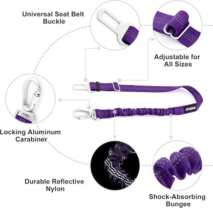 Dog Seat Belt for Car, Adjustable Dog Car Harness Seatbelt for Small Medium Large Dogs, Heavy Duty Travel Safety Restraint with Locking Aluminum Hook & Reflective Nylon Strap, Purple