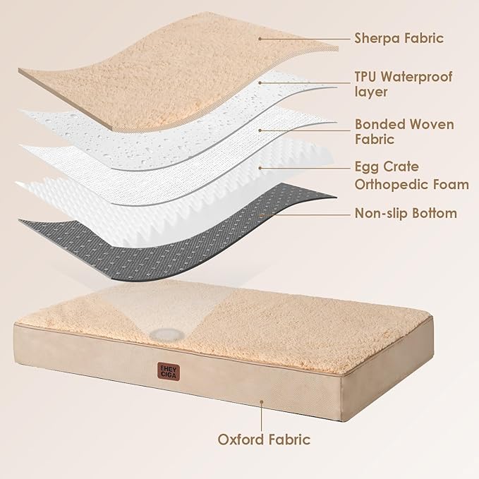 EHEYCIGA Orthopedic Dog Beds for Large Dogs with Removable Washable Cover, Khaki, 36x27
