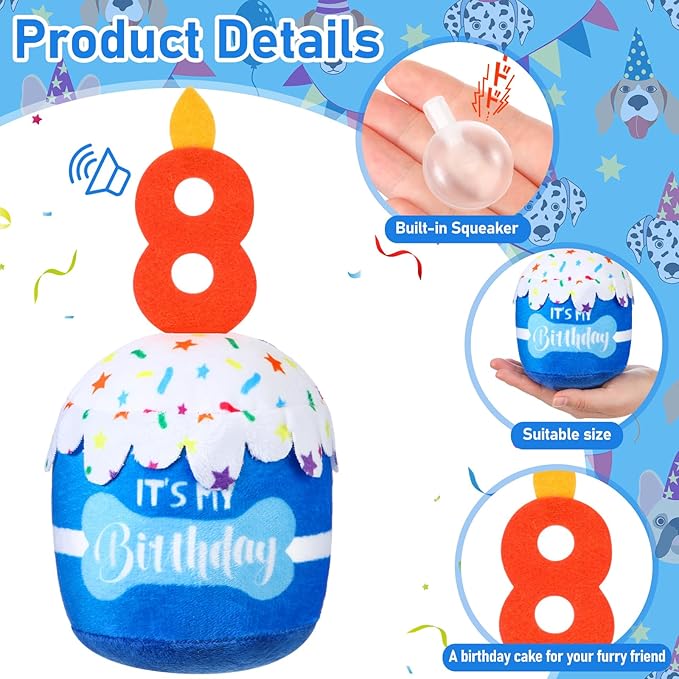 Dog Birthday Cake Toy Accessories for Girl Boy Gifts, Squeaky Plush Toy for Dog Birthday Party Decor Favor for Large, Medium and Small Dogs(8th,Blue)